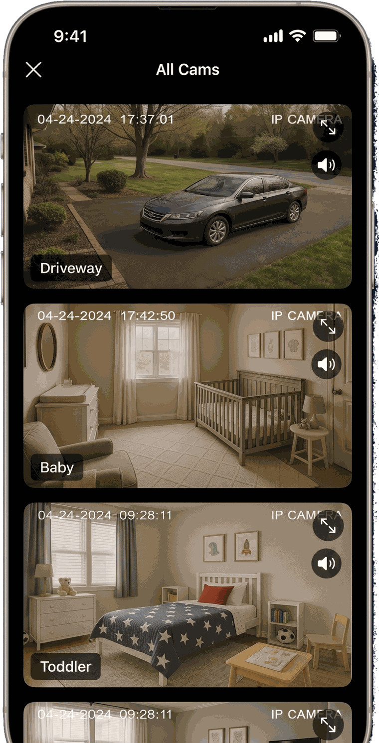 IP Camera Viewer showing several live camera feeds on a phone